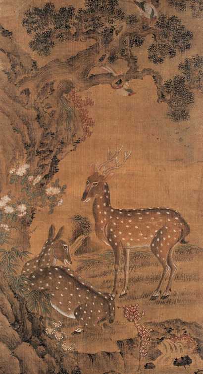 佚名 绶带双鹿 镜心